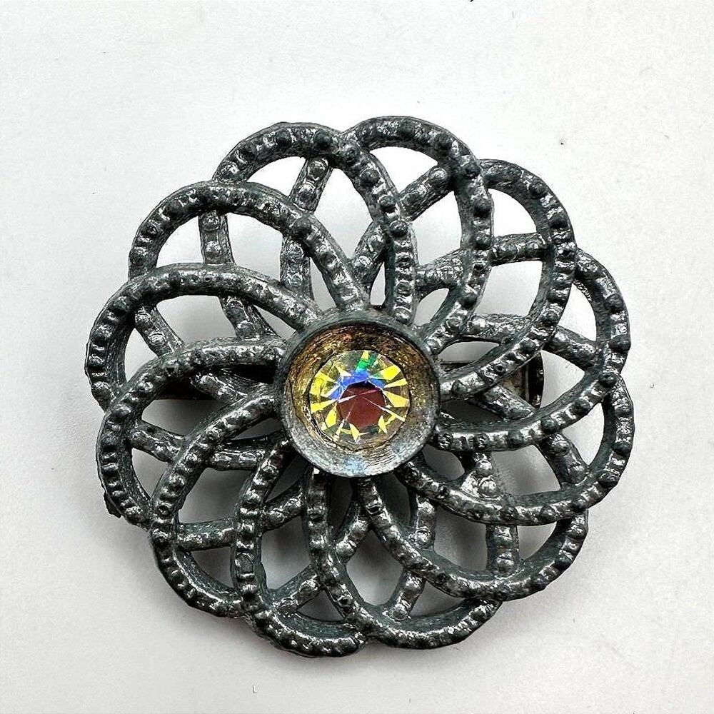 Vintage 90s Silver Tone Openwork Flower Brooch Aurora Borealis Glass Jewelry Y2K